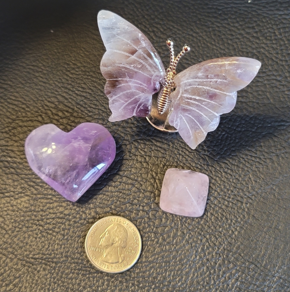 Set Of 3: Amethyst Butterfly, Ametrine Heart, & Rose Quartz Pyramid